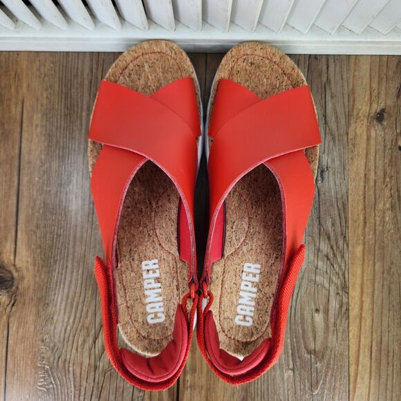 Camper Oruga Womens Size 9 Red Leather Cross Strap Designer Cork Sandals EU 40 - Picture 5 of 9